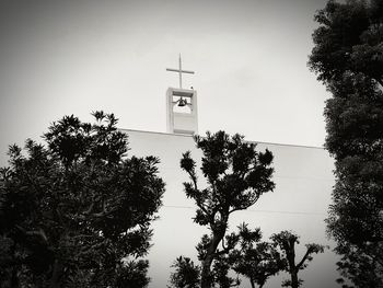 Low angle view of silhouette trees and building against sky