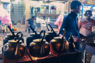 Tea prepared in kettles at stall