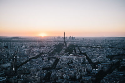 High angle view of city against sky during sunset