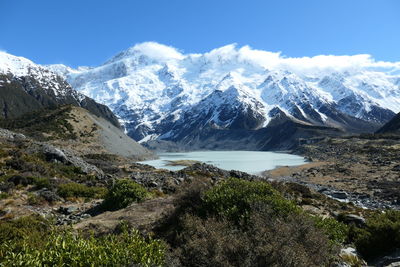 Scenic view of snowcapped mountains against sky