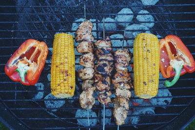 Directly above shot of food grilling on barbecue in back yard