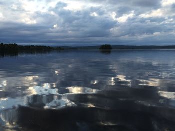 Scenic view of lake against cloudy sky