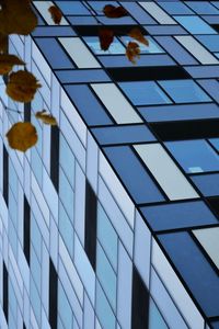 Low angle view of glass building against blue sky