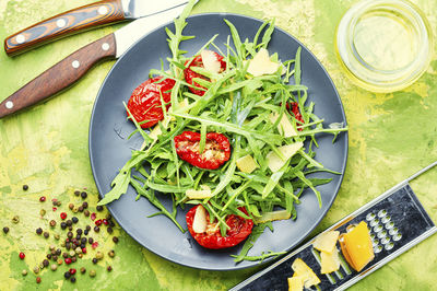 High angle view of fruits and vegetables in bowl