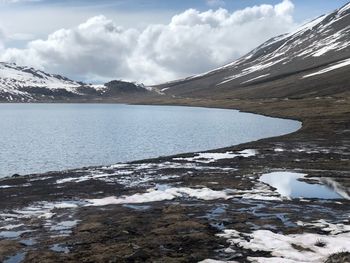 Scenic view of lake by snowcapped mountains against sky