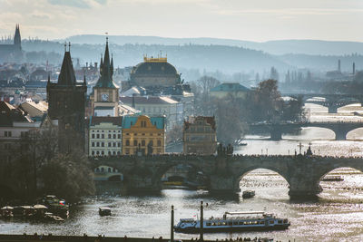 Bridge over river with buildings in background