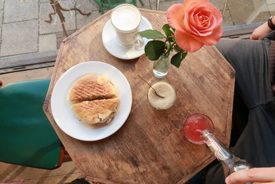 High angle view of breakfast on table