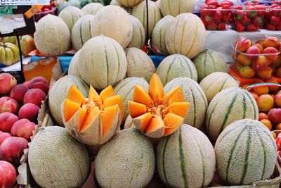 Cantaloupes for sale at market stall