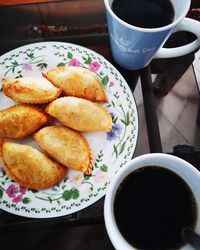 High angle view of breakfast served on table