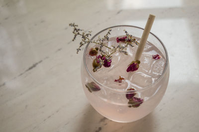 High angle view of drink on table