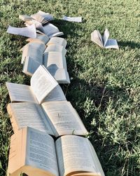 High angle view of books on field