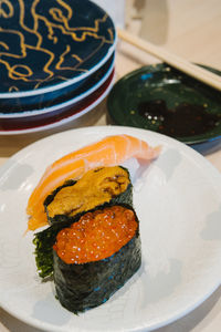 High angle view of sushi in plate on table