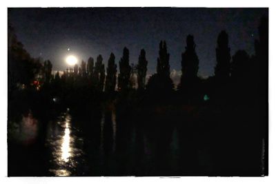 Silhouette trees by lake against sky at night