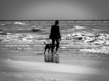 Rear view of woman with dog at shore against sky