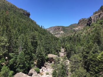 Scenic view of mountains against clear blue sky