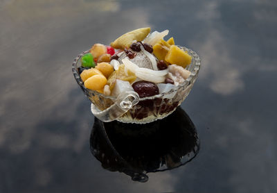 High angle view of dessert on table