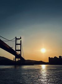 Low angle view of suspension bridge at sunset