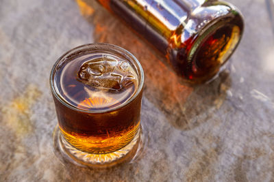 High angle view of beer glass on table