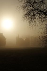 Silhouette of trees on field against sky during foggy weather