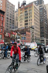 Bicycles on sidewalk in city