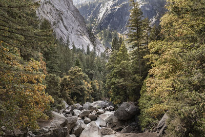 Dry view of the rocky base from the vernal falls bridge, yosemite np