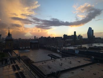 High angle view of buildings against cloudy sky during sunset