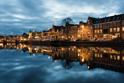 Reflection of illuminated buildings in water