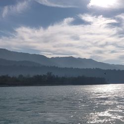 Scenic view of lake and mountains against sky