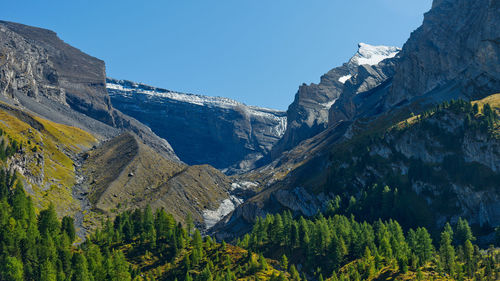 Panoramic view of landscape and mountains against clear sky