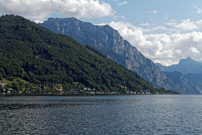 Scenic view of lake and mountains against sky