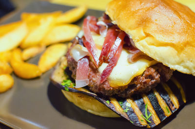 Close-up of hamburger on plate