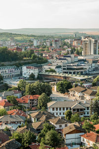 High angle shot of townscape against sky