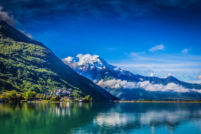 Scenic view of lake with mountains in background