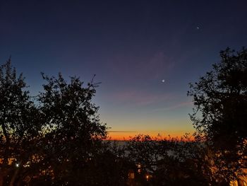 Silhouette trees on landscape against sky at night