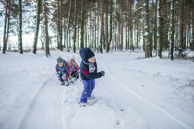 Happy friends have fun in wonderland, boy pulls sledge with sister and brother across winter forest