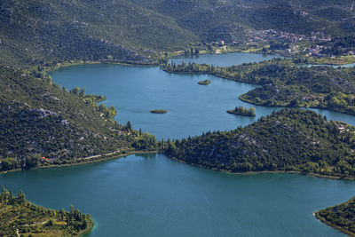 High angle view of boats in river