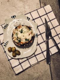High angle view of food in plate on table
