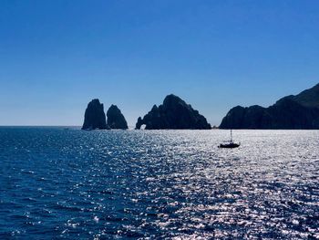 Scenic view of sea against clear blue sky
