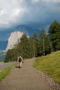 Rear view of man walking on road against sky