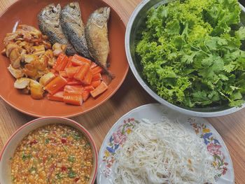 High angle view of food served on table