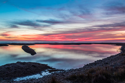 Scenic view of lake against sky during sunset