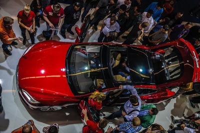 High angle view of people in car