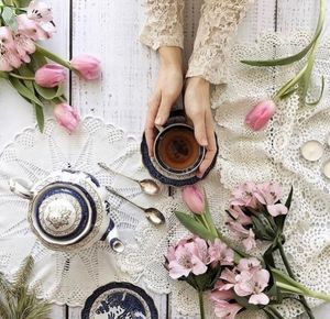 High angle view of woman holding bouquet