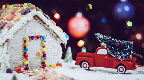 Close-up of christmas decoration on snow