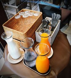 High angle view of breakfast served on table