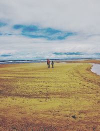 Rear view of people walking on field by sea against sky