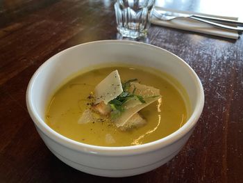 High angle view of soup in bowl on table