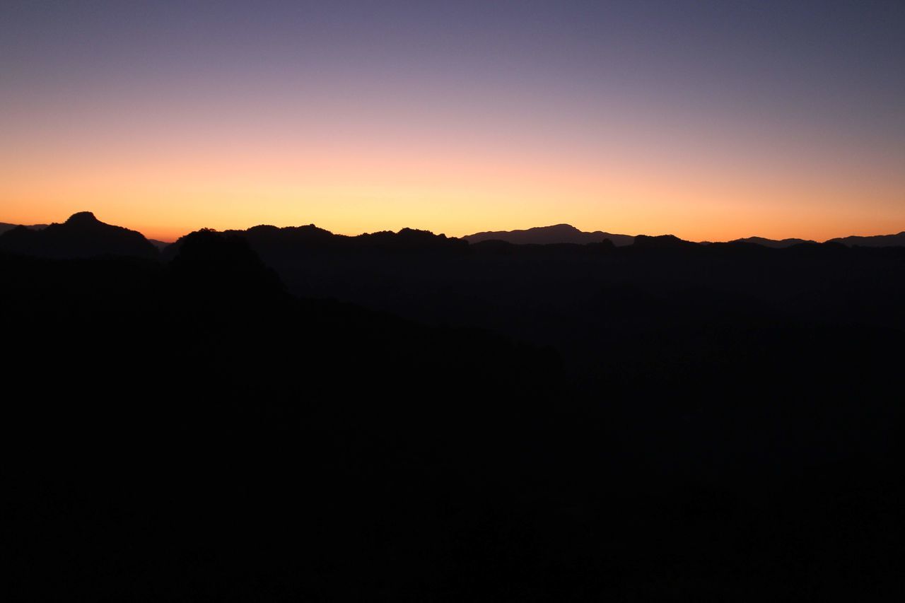 SILHOUETTE LANDSCAPE AGAINST CLEAR SKY DURING SUNSET