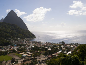 High angle shot of townscape by sea