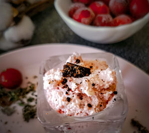 High angle view of dessert in plate on table